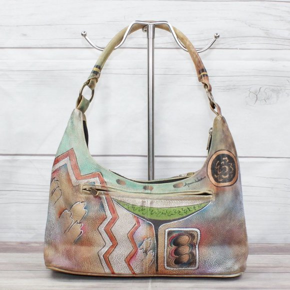 Vintage Anuschka Multicolor Hand Painted Leather Purse Hobo Shoulder Handbag - Picture 2 of 11